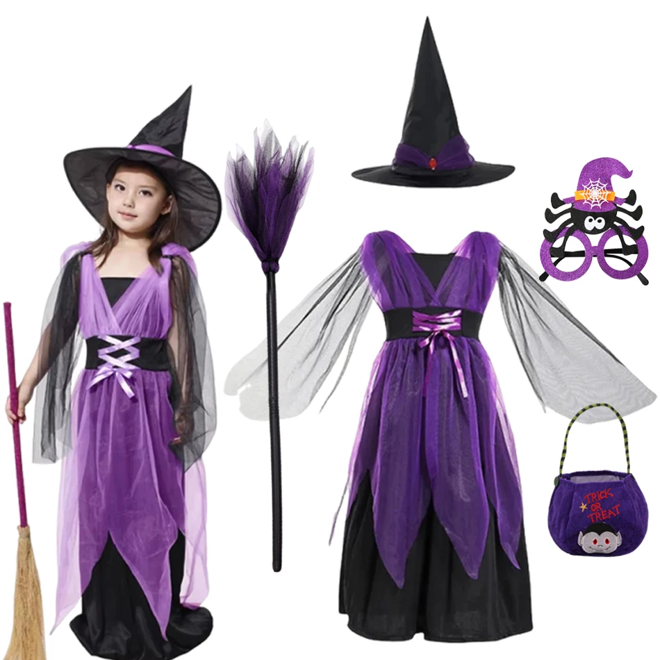 

2025 Girls Witch Purple Dress With Hat Clothes Sets Vampire Carnival Children Halloween Party Cosplay Costume