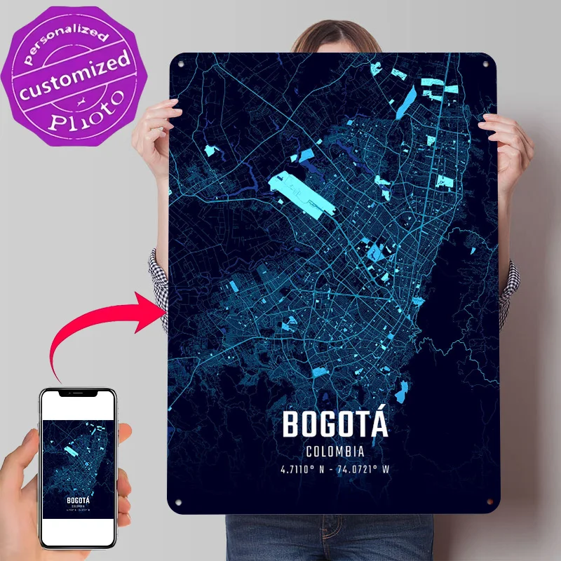 Mapa de Bogotá a Medianoche, Póster Metálico con Textura 3D, Arte de Pared Personalizado, Letrero de Metal, Regalo para Decoración de Cuarto, Oficina o Sala de Juegos