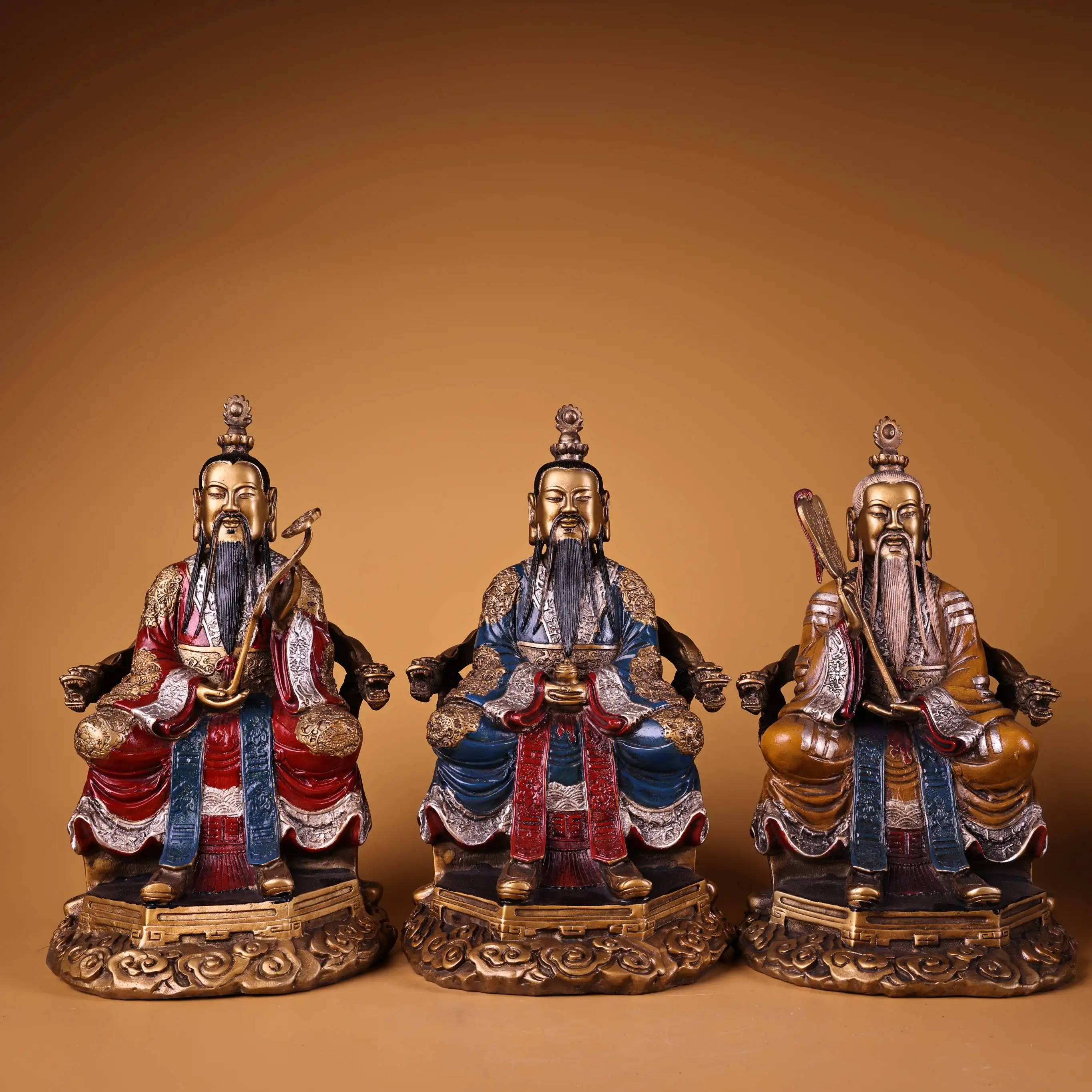 

12 "Старые непальские храмы, старая бронзовая окрашенная высоким рельефом Sanqing Laozi, даосизм, первый предк, стул дракона, набор, зал поклонения