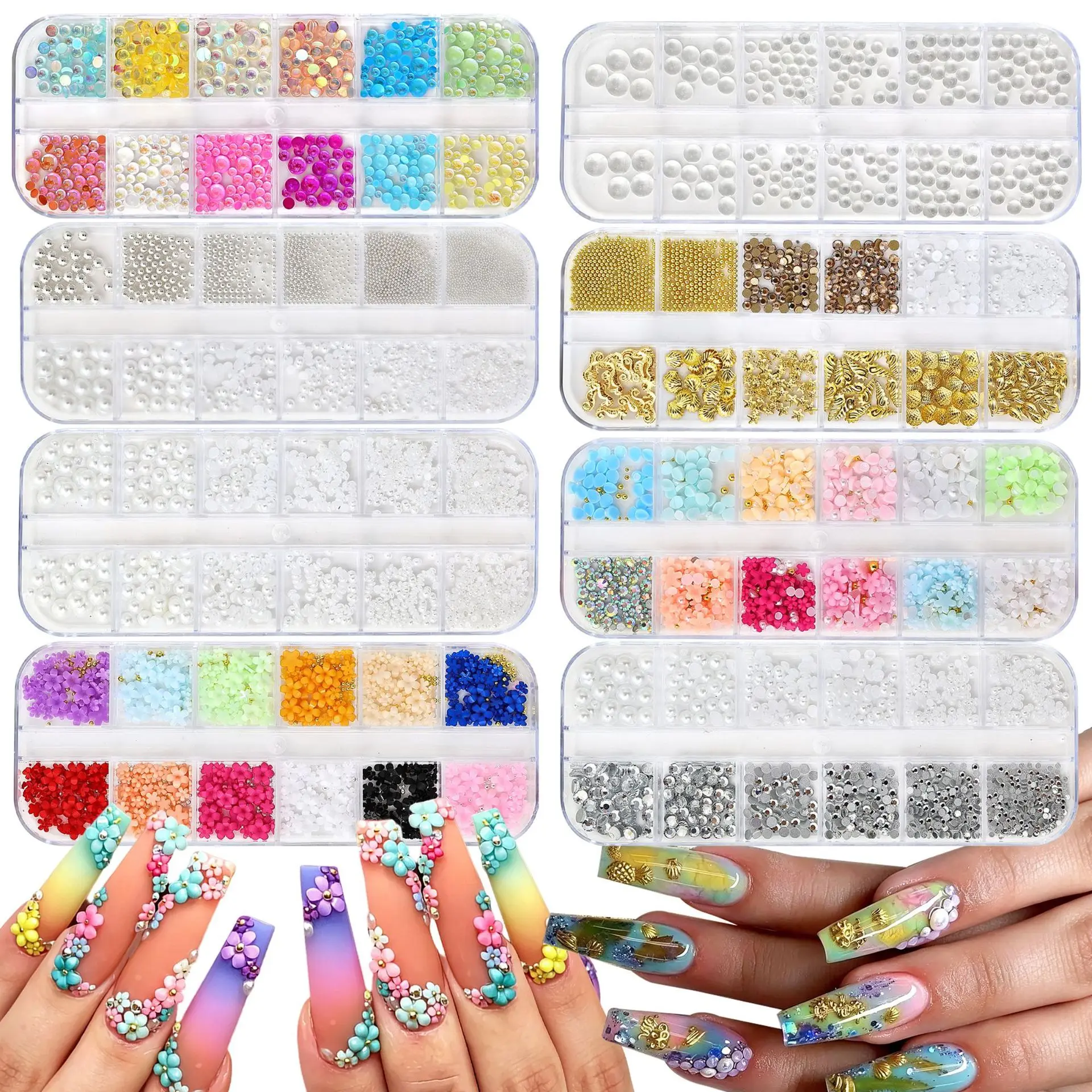 12 Grids Nail Art Beads Charms Set, Gold Silver Metal Balls Pearls Flower Rhinestones, Manicure Decoration Kit with Storage Box