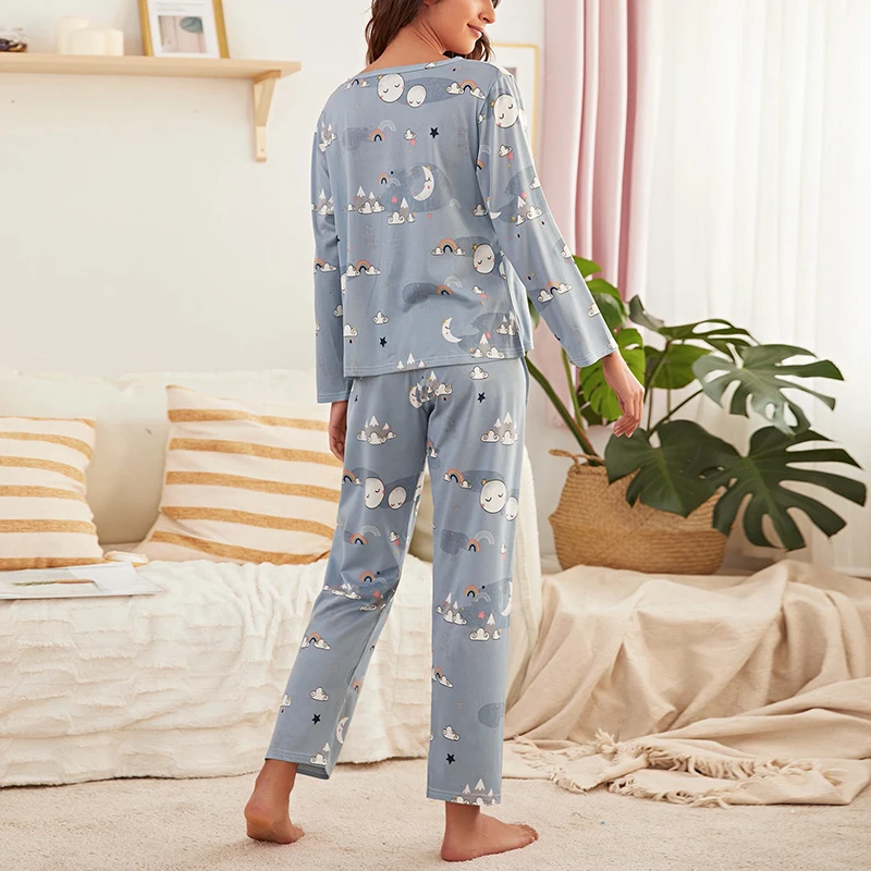 Women\'s Nightwear Pajama Set Casual Outfit Home Wear Spring Long Sleeve Top With Long Pants Print 2 Piece Lounge Sets Loungewear