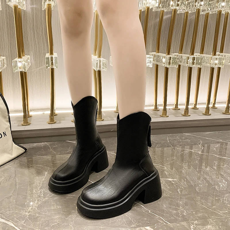 الخريف والشتاء الاتجاه الجديد الموضة الفرنسية سميكة سوليد كعب سميك جولة تو منصة مقاومة للماء أحذية عالية الكعب الموضة #3