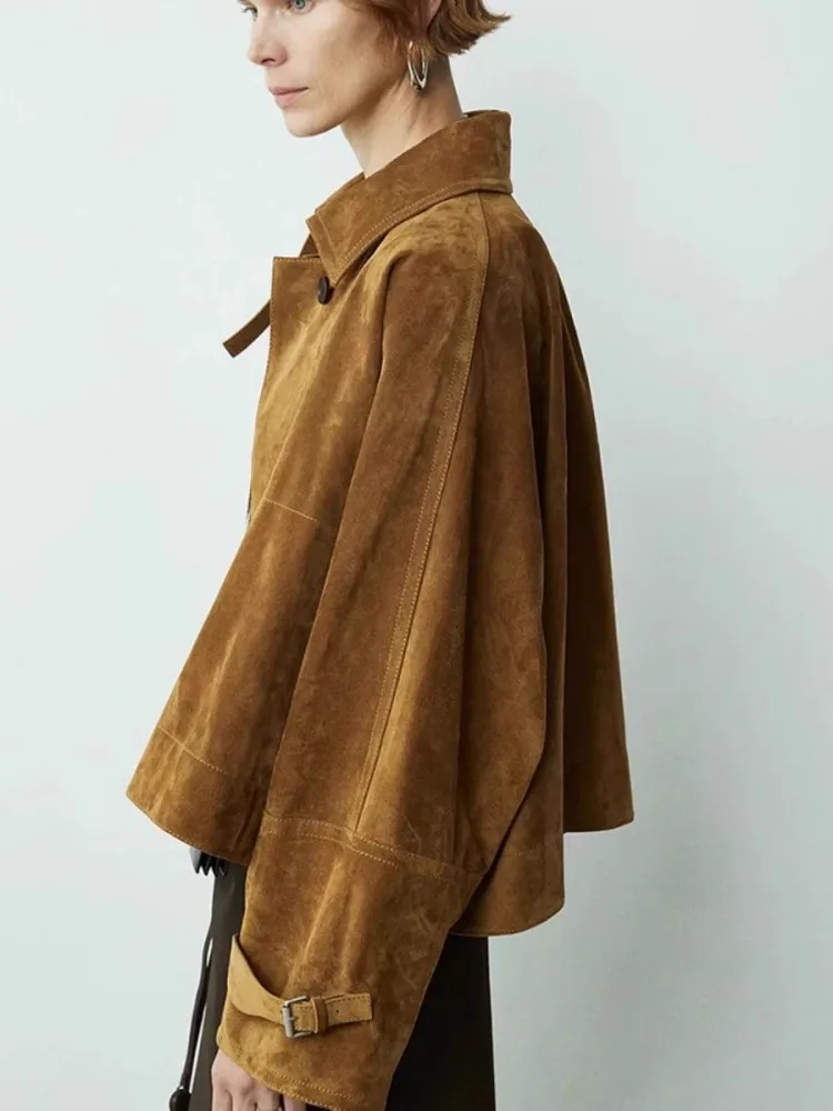 Genuine Leather Goatskin Suede Women Jacket Loose Fit Shawl Cloak Jackets Turndown Collar Real Sheepskin Outerwear Short Coat