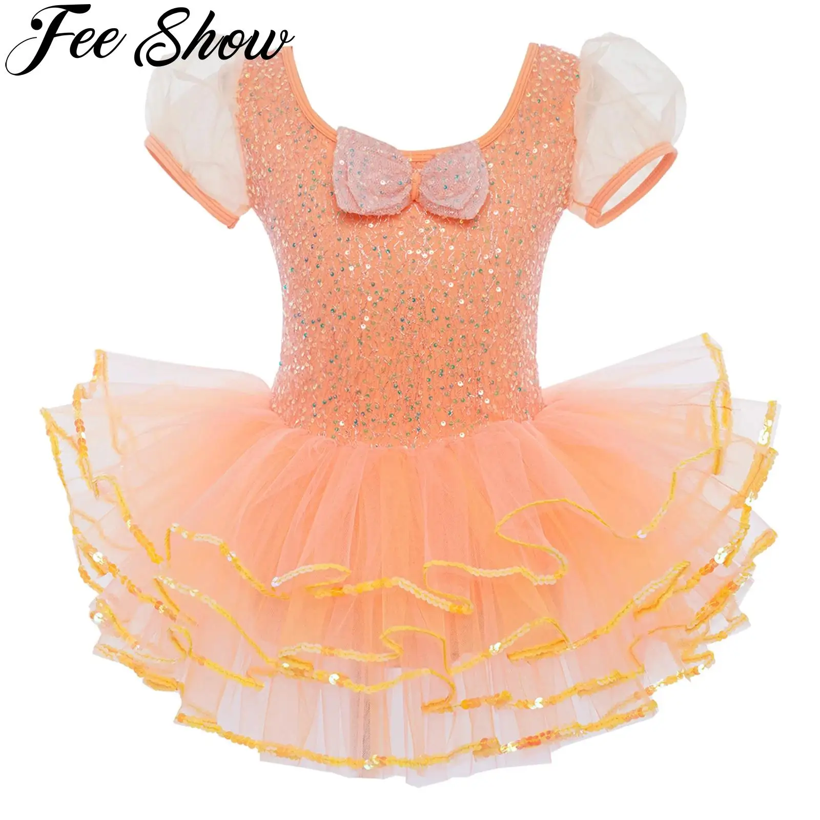 

Children Girls Ballet Dance Tutu Dress Ballerina Gymnastic Figure Skating Dancewear Puff Sleeves Sequin Bow Mesh Layered Leotard