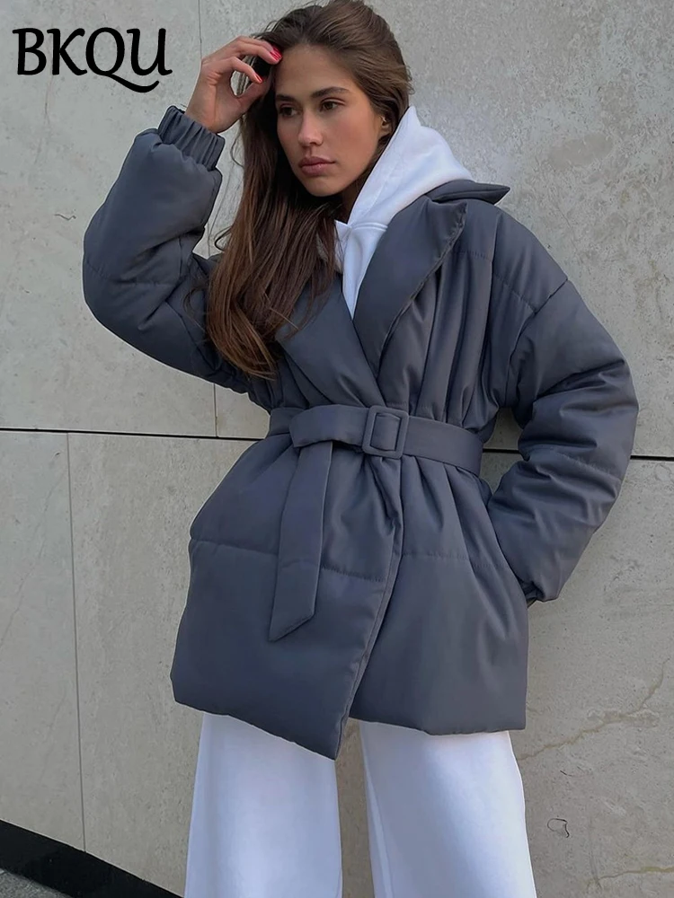 BKQU Winter Thick Parkas Women Fashion With Belt Loose Cotton Puffer Jacket Warm Casual Lace-Up Pocket Quilted Solid Outwear2024