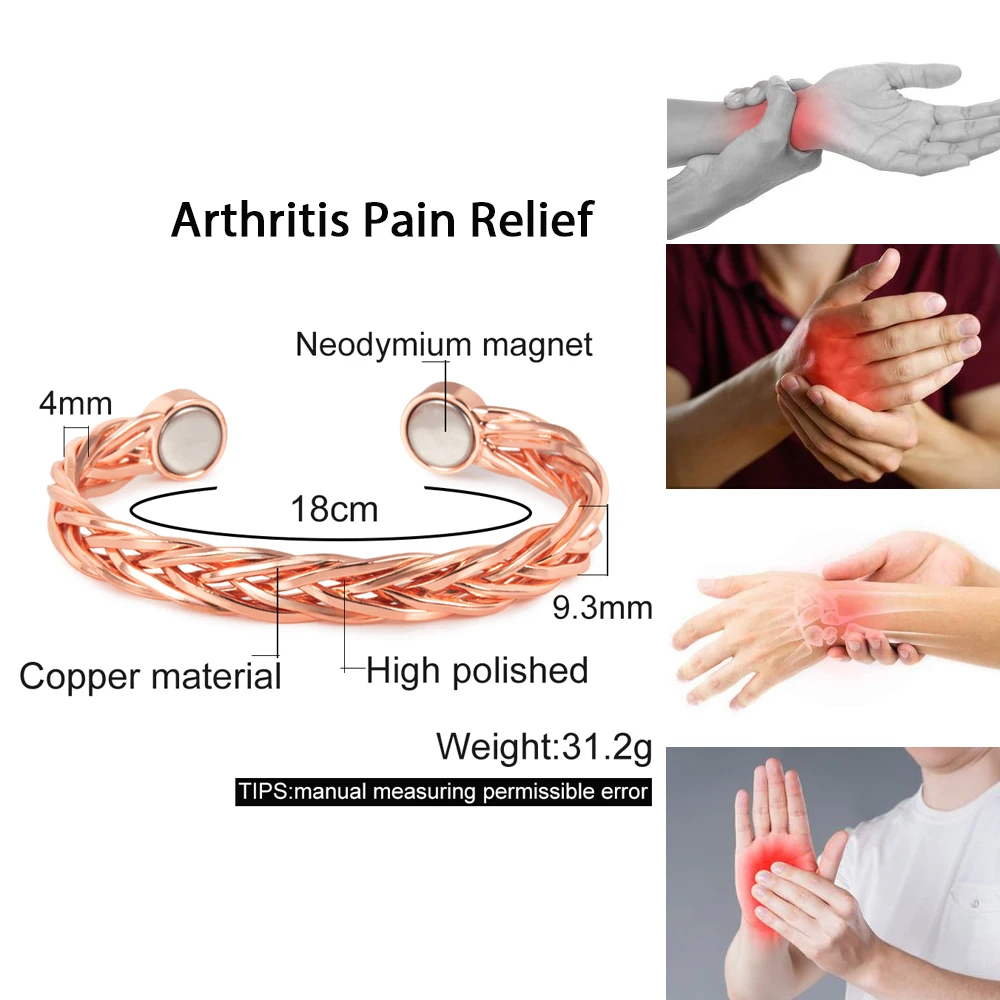 Vinterly Pure Copper Bracelets Magnetic Adjustable Braided Bangle for Pain Relief Arthritis Rose Health Energy Jewelry Resizable