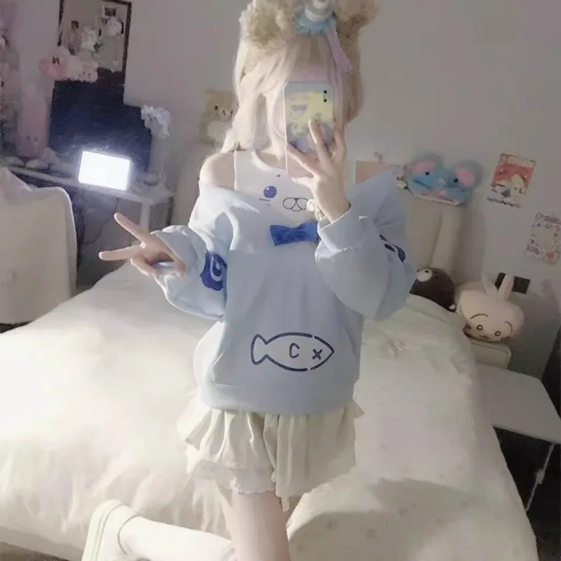 Cute Cartoon Little Seal Off-the-shoulder Fake Two Pieces Loose and Lazy Thin Long-sleeved Sweater For Women
