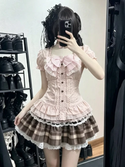 2026 Japanischer Stil Rüschen-Lolita-Kleid Kawaii Damen Vintage Süßes Spitzenkleid mit Schleife Harajuku Y2k Schlankes Bandage-Kleid Sommer