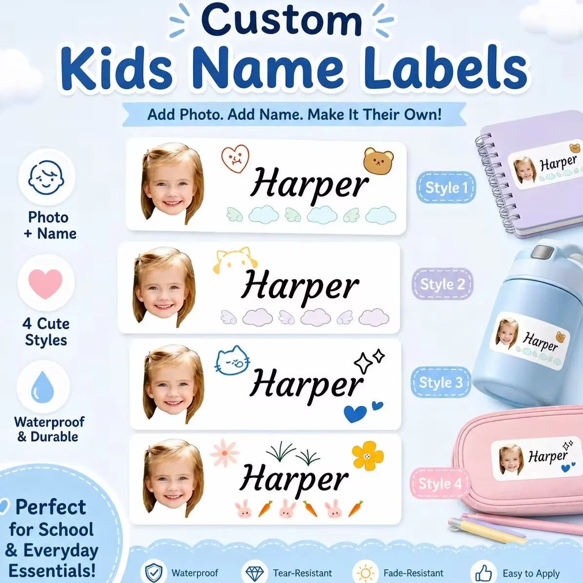 Custom Profile Photo & Name Stickers Personalized Bottle Stationery Labels Unique Custom Image Birthday Gift Tags