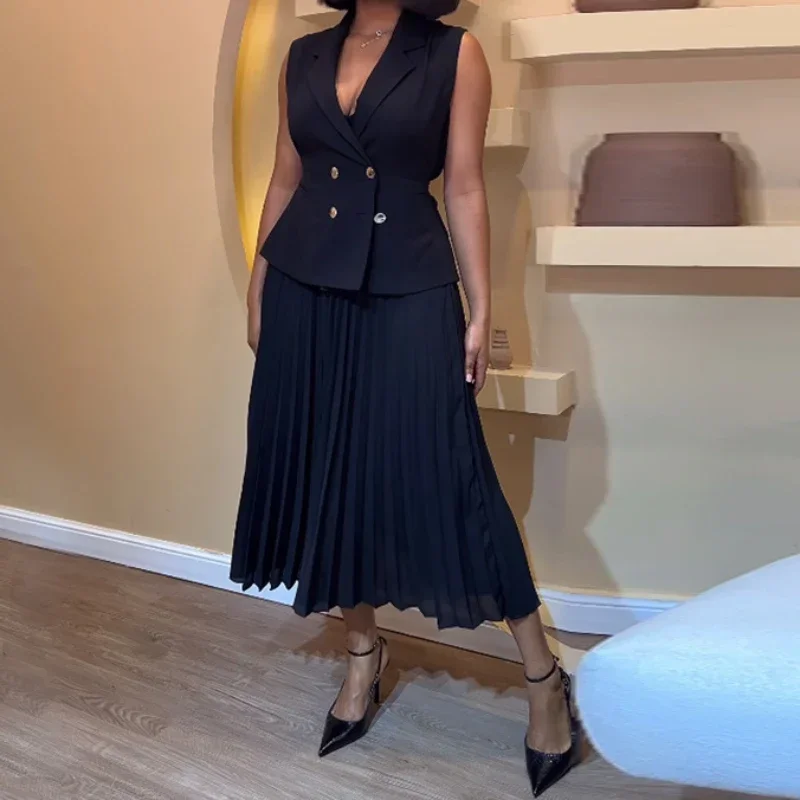 

Elegant Dress Sets Women Pleated Skirt Work Party Y2k Tops Black Blazer Sleeveless Two Piece Set Work Summer Top Matching Sets