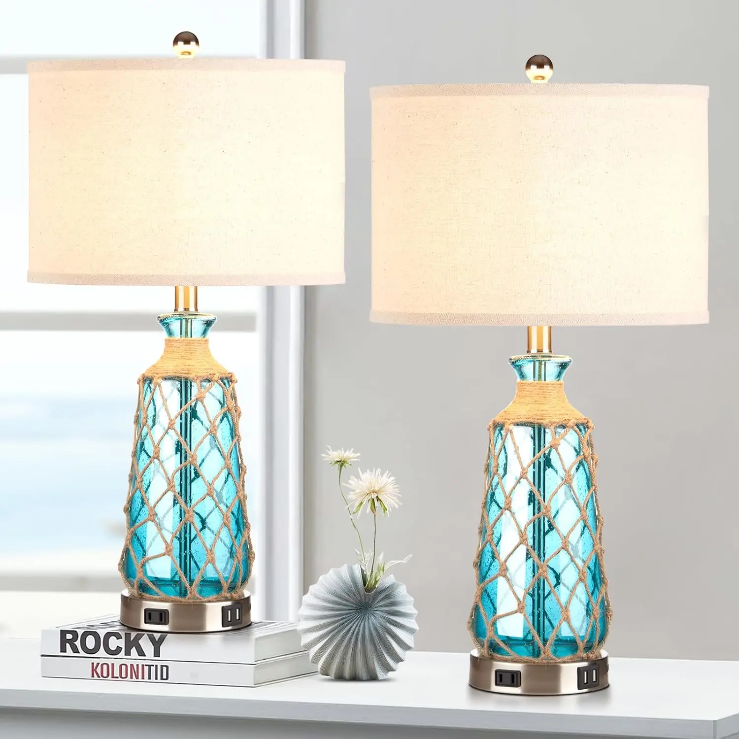

25.5" Coastal Glass Table Lamps Set of 2, Dimmable Touch Control with USB Ports and AC Outlet