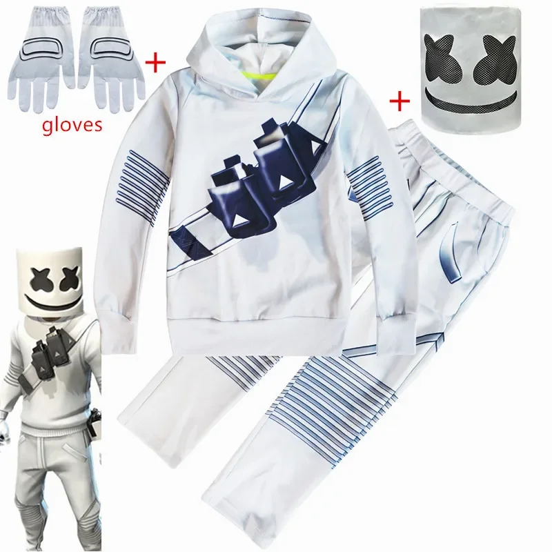 Kids Cosplay Costume Boys Marshmello DJ Mask Interesting Costumes Mask Hoodies Suit Music Halloween Party Costume for Kids Boys