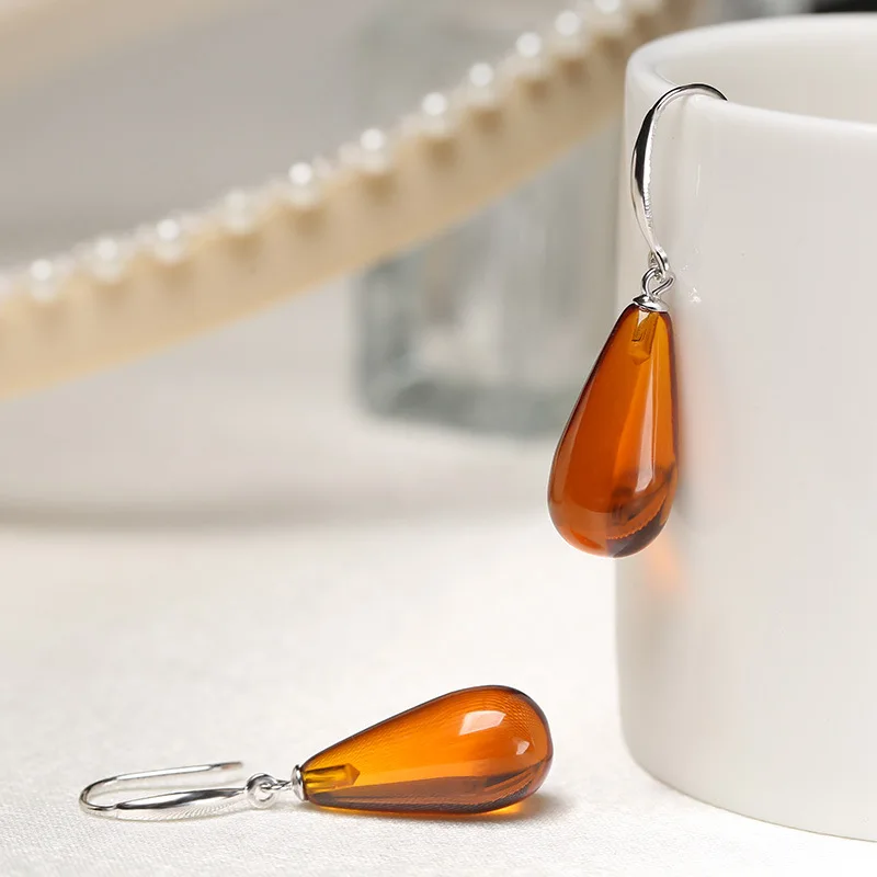 Drainage Gift Factory Wholesale Silver Tea Amber Old Honey Gold Blood Amber Water Drop Beeswax Eardrop Earring Women's