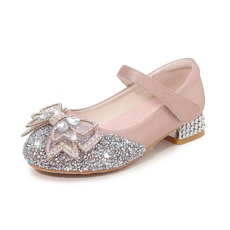 Cute Autumn Princess Shoes for Girls Fashion Elegant Party Wedding Show Shoes Butterfly Knot Glitter Children\'s Shoes with Heels