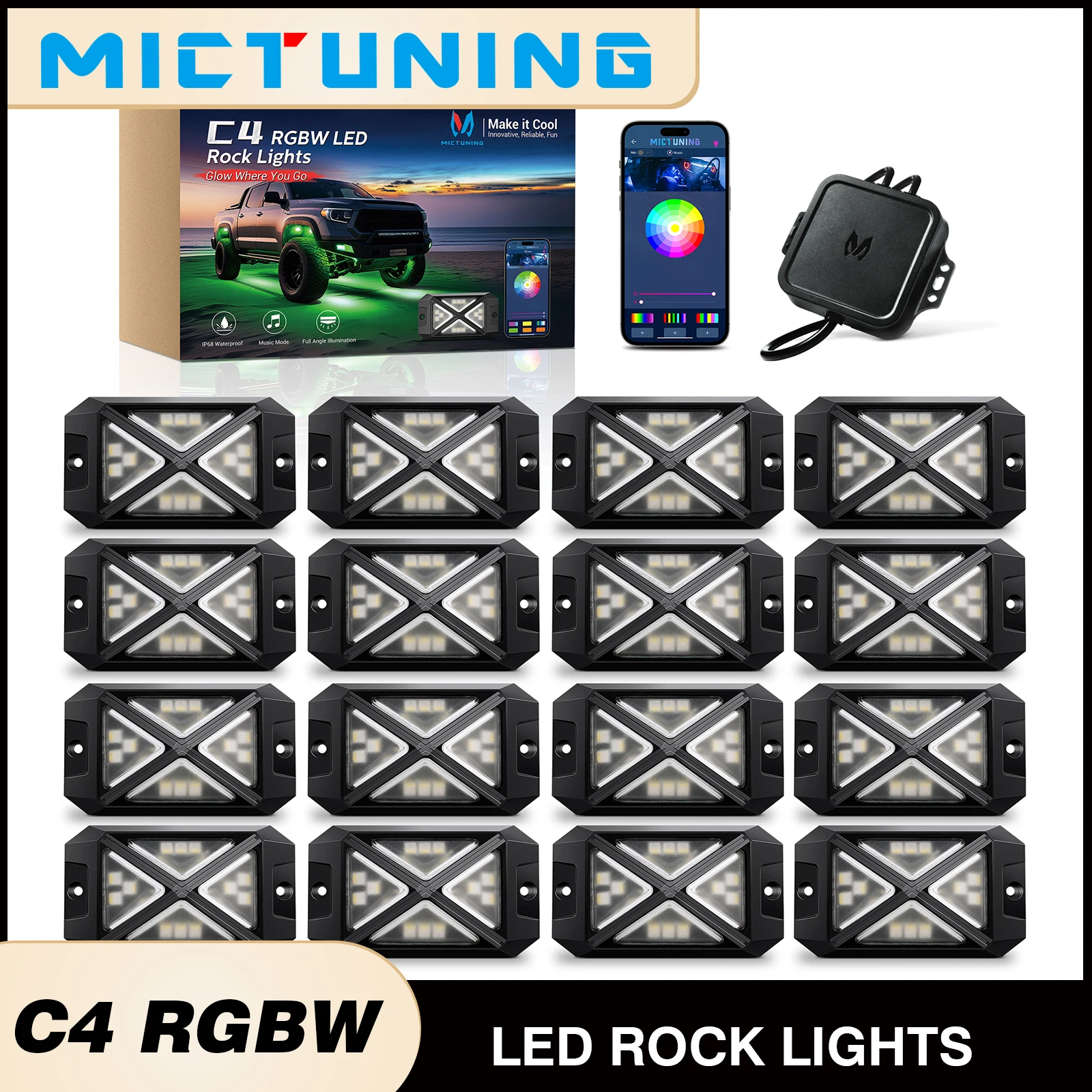 

MICTUNING C4 RGBW LED Rock Lights,Smart App Control with Music Sync,16 Pods 360° Horizontal Underglow Neon Accent Lighting Kit