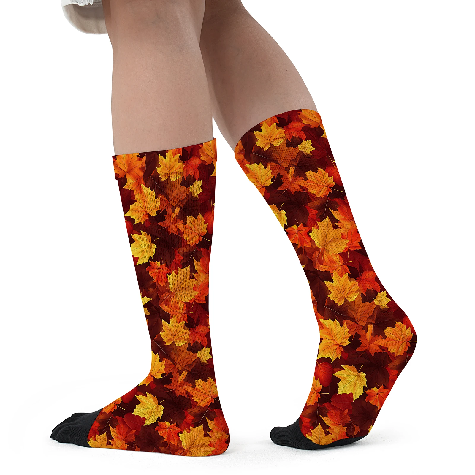 1 pair of  red and yellow maple Leaf Mosaic print personality mid-tube sports fashion five-finger socks party elastic