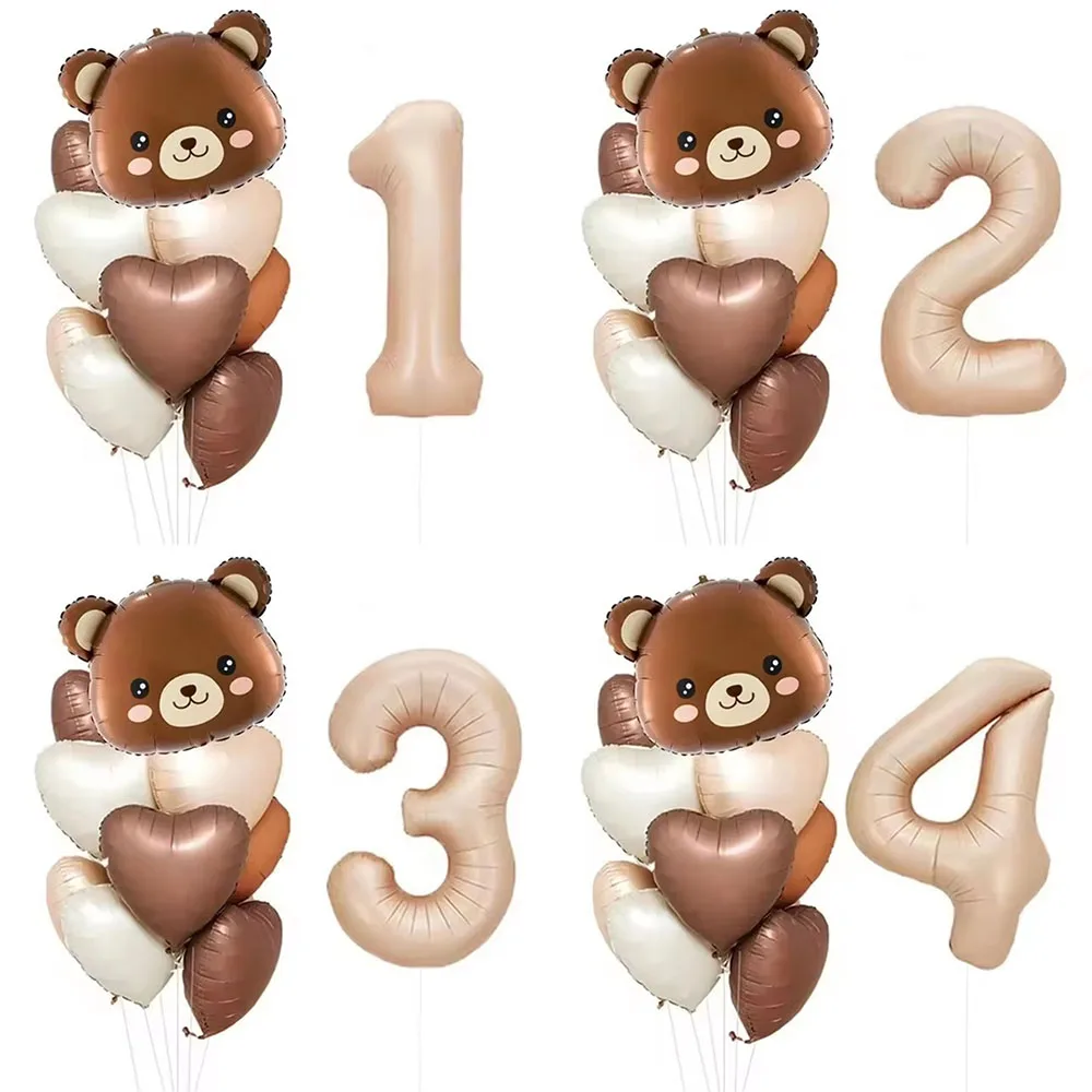 

6/8pcs Coffee Brown Bear Heart Balloon Set with 32inch Caramel Number Balloon for Birthday Party Decoration Baby Shower Supplies