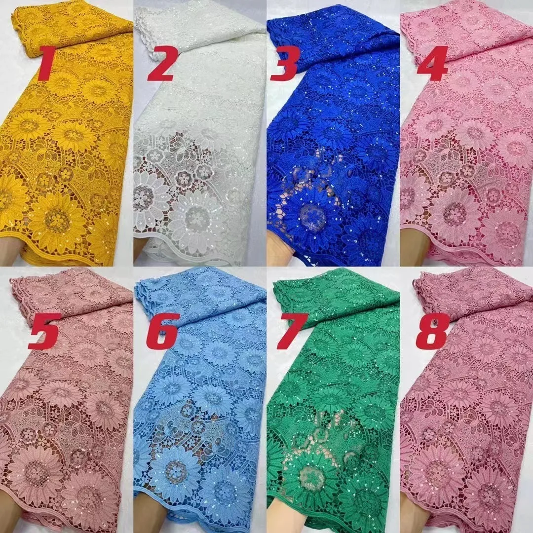 

African Cord Guipure Lace Fabric 2024 High Quality Cotton Lace Nigerian French Water Soluble Lace Fabrics With Sequin For Party