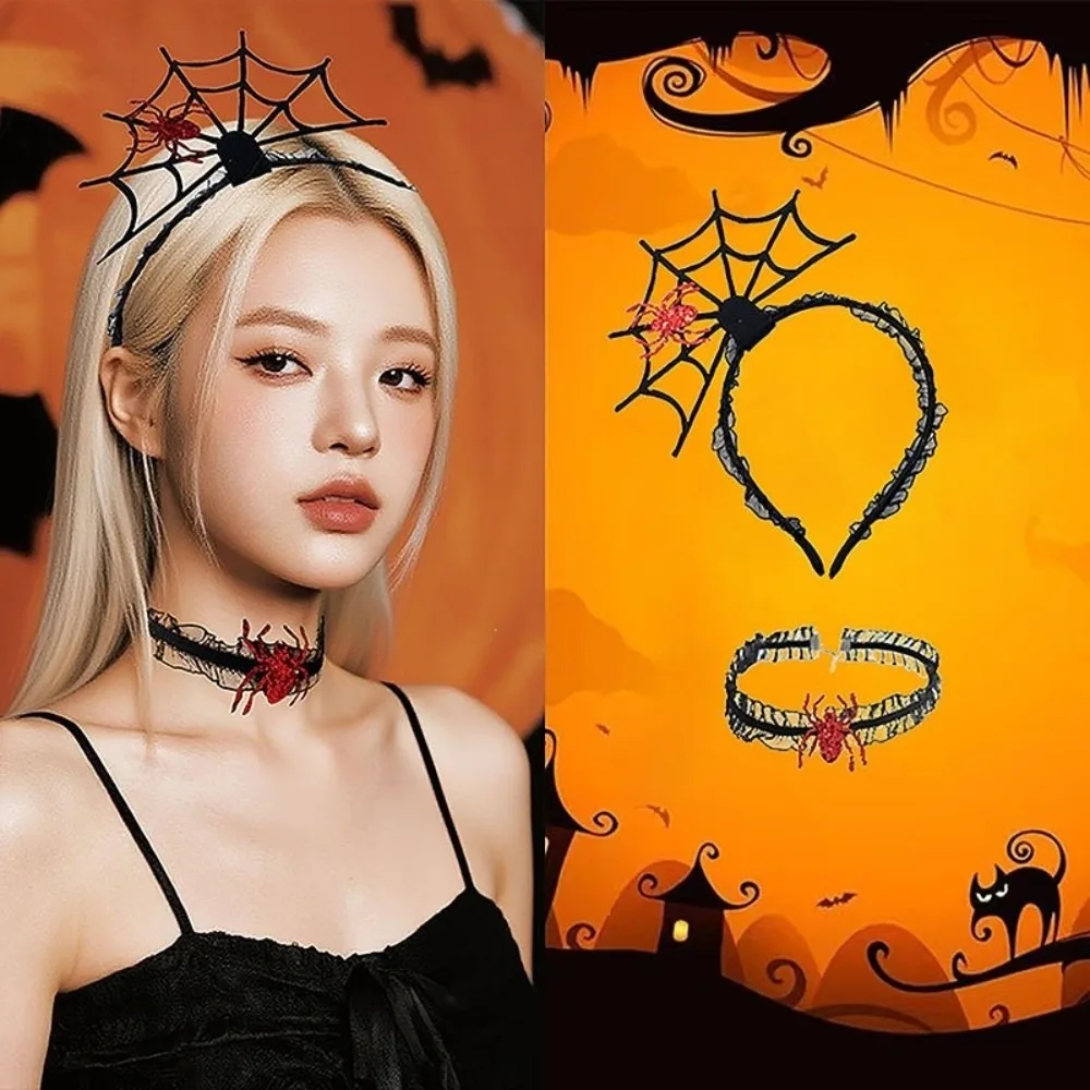

Funny Black Halloween Headband Ruffles Mesh Hairband Necklace Set Hollow Cosplay Props Spider Web Hairband Boys/Girls