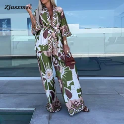 Fashion Casual Bohemia Print Loose Beach Set Spring Wide Leg Long Pants Suits Autumn Women Quarter-Sleeved Cardigan Shirt Outfit