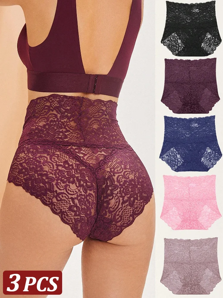 3PCS Floral Lace Briefs Breathable Scallop Trim Stretch Panties Comfortable Modal Triangle Women\'s Lingerie and Underwear S-2XL