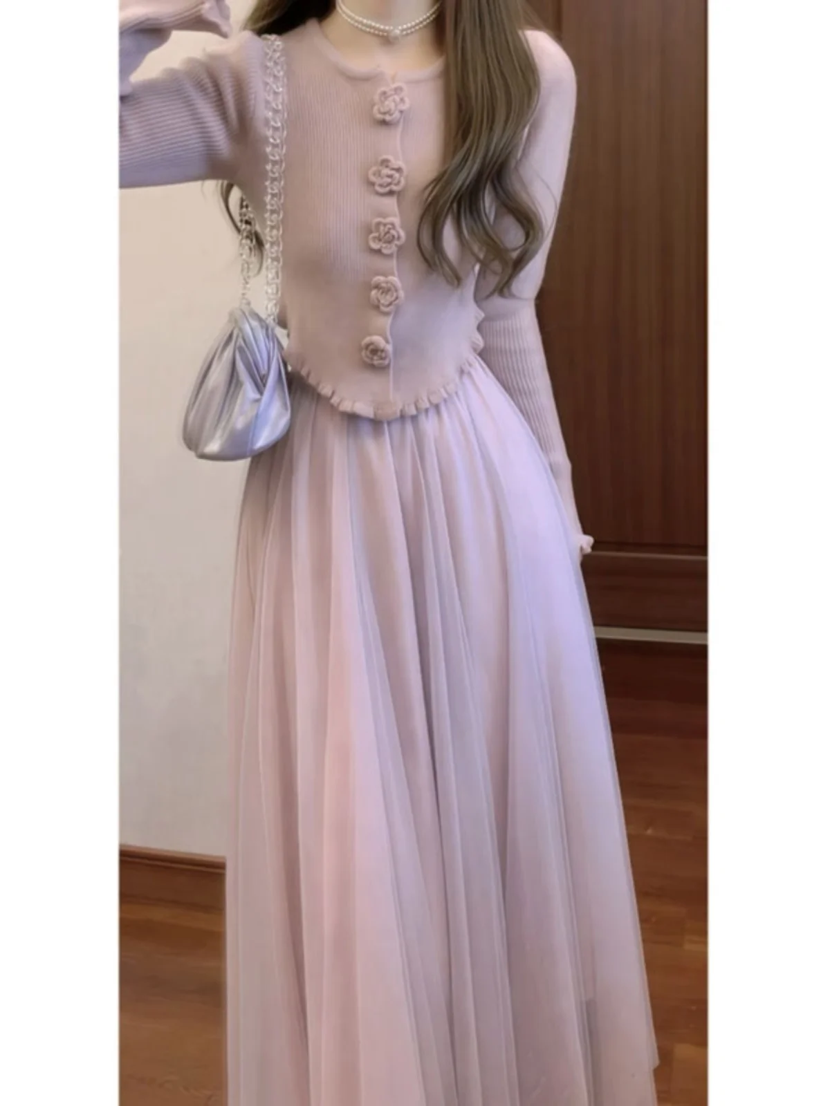 

Korean Style Knitted Flower Top And Half Skirt Two-Piece Set Youthful Spring Fashionable Cotton Comfortable Short Sleeve
