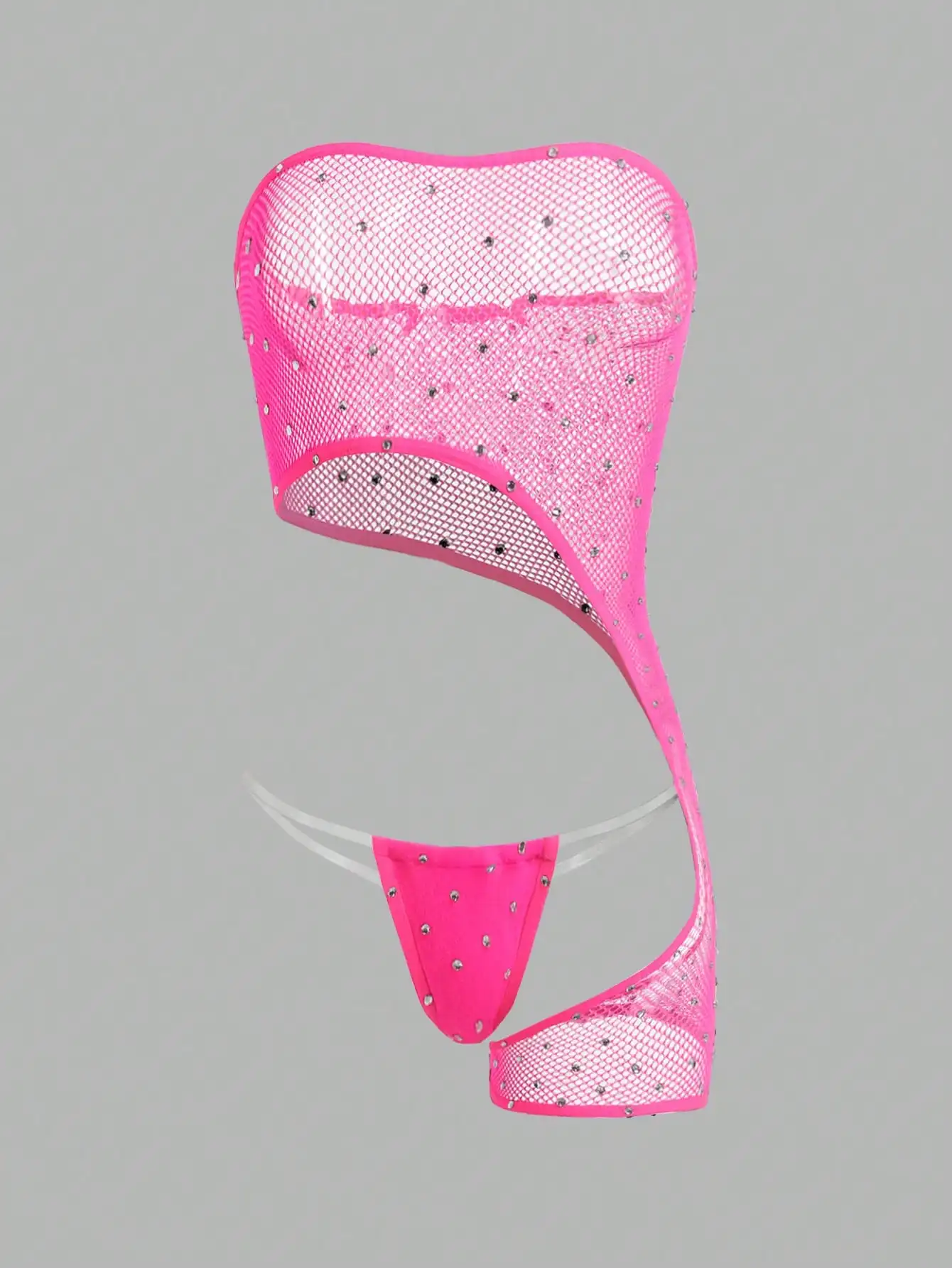 

Двухкомпонентный боди из прозрачной сетки неоново-розового цвета с акцентами из страз и стрингами