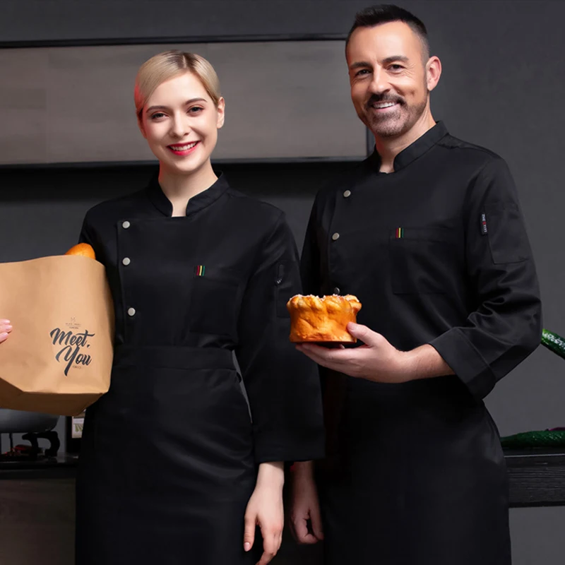 Jaqueta de chefe de manga longa preta, camisa de cozinha para hotel, serviço de bufê, macacão de padaria