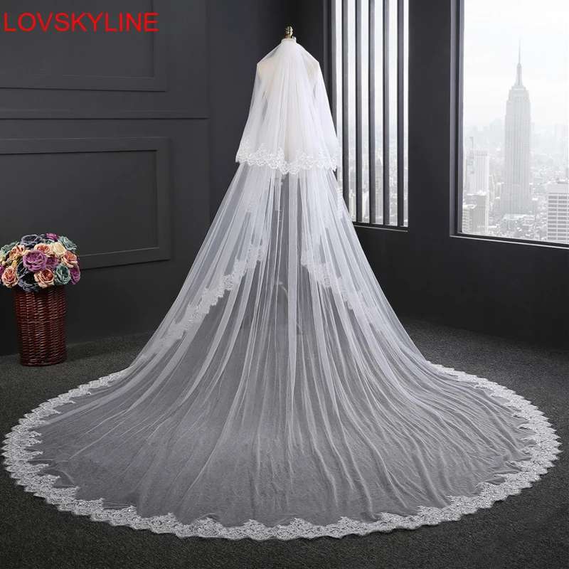 

Bridal Veils 3.5 m*3 m Lace Edge Super Width Two-Layer Wedding Accessories Cathedral Wedding Veil Mantilla Appliqued Comb