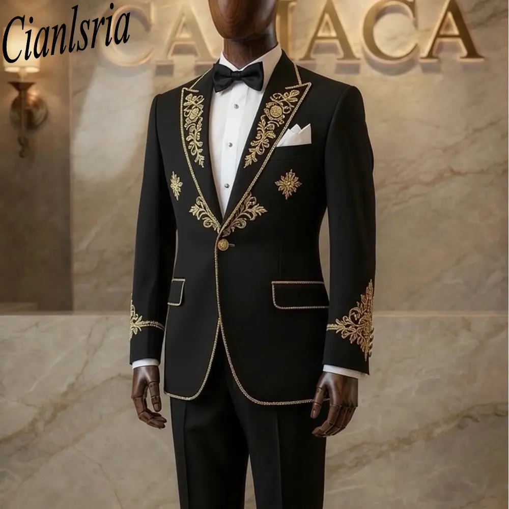 Men's Black Suit Coat with Gold Embroidered Trim Single Breasted Tuxedo for Groomsmen Wedding Formal Occasions