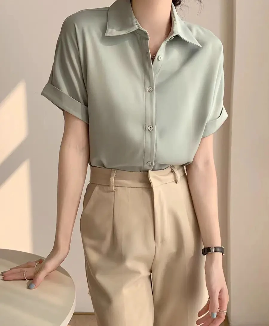 우아한 빈티지 여성 솔리드 반팔 셔츠 한국 패션 여름 여성 블라우스 캐주얼 심플 의류 탑 여성 트렌디