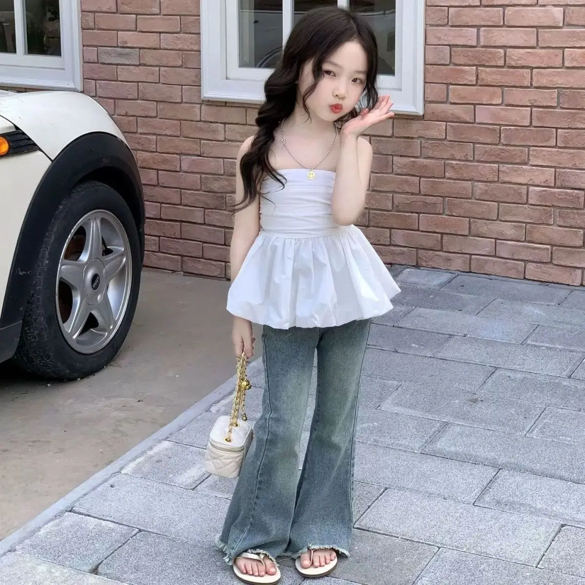 

Girls Set 2025 Summer New Childrens Clothing Korean Style Girl Baby with Chest Flounty Jeans Two Sets of Casual Simple Sweet