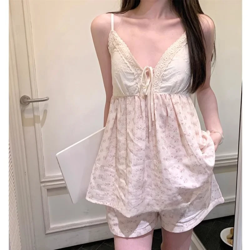 夏の花柄プリント寝間着セット女性の半袖 V ネック綿混紡ナイトガウン胸パッド付きかわいい甘いスタイルのホーム服 1