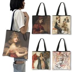 Oil Painting By Harrison Fisher Print Shoulder Bag Women Casual Totes Retro Ladies Handbag Female Reusable Storage Shopping Bags