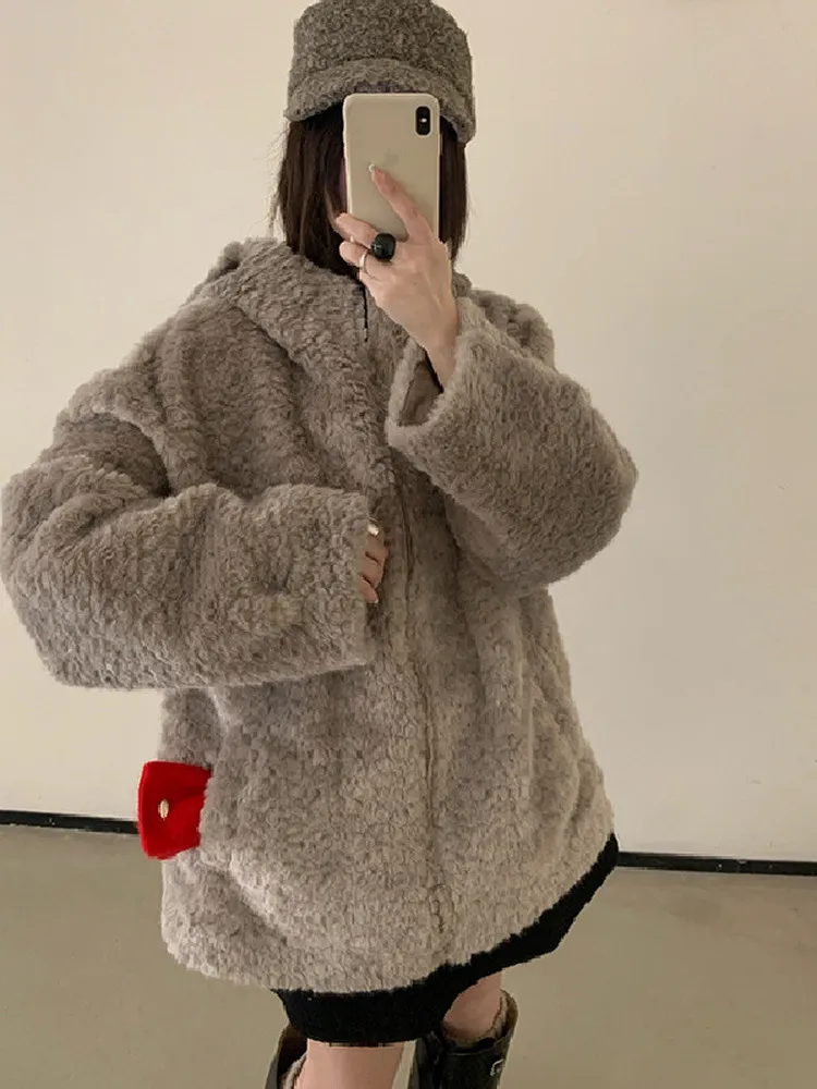 

Цельный жакет из овечьего меха с капюшоном на молнии в стиле ретро, женская теплая верхняя одежда свободного покроя, женское пальто с эффектом похудения