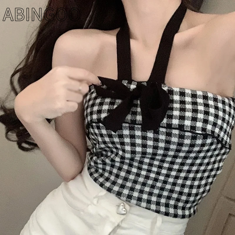 

ABINGOO Summer Women's Crop Top Plaid Halter Bow Sexy Camisole Slim Fit Hot Girl Streetwear Casual Inner Wear Versatile Tank Top