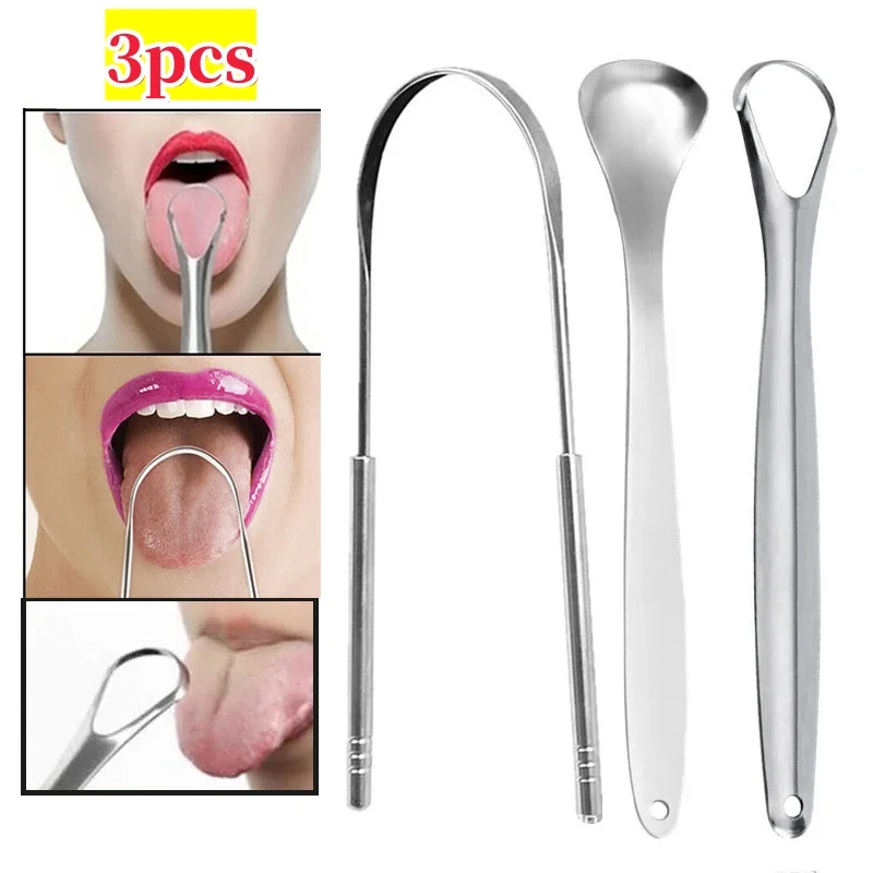 3pcs/set Stainless Steel Tongue Scraper Cleaner Washable Tongue Scrubber Oral Care Fresh Tool Breath Brush Tongue Cleaning Tools