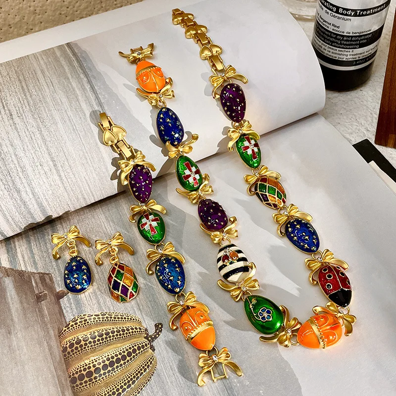 Retro Palace Style Color Insect Necklace Earring Set