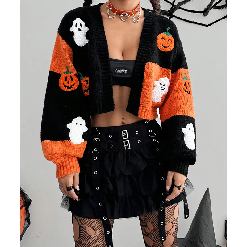 Fashion Ghost Pumpkin Pattern Knitted Cardigan Halloween crop top woman Long Sleeve Patchwork Sweater autumn coats Outwear