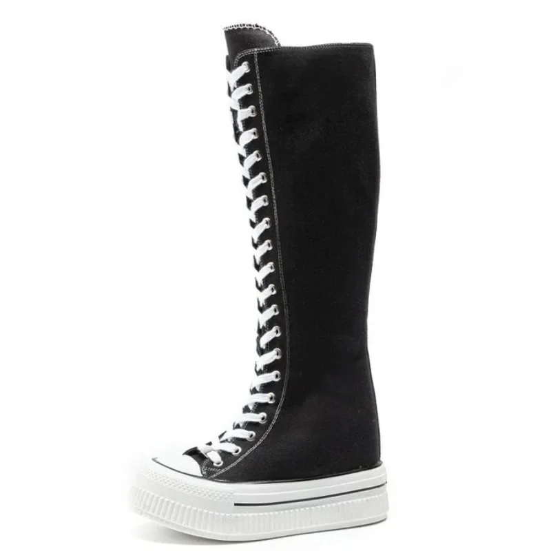 

13CM Women High Top Casual Canvas Shoes 2025 Spring Autumn Knee-High Boots Lace-up Zip Ladies Platform Wedges Vulcanize Sneakers