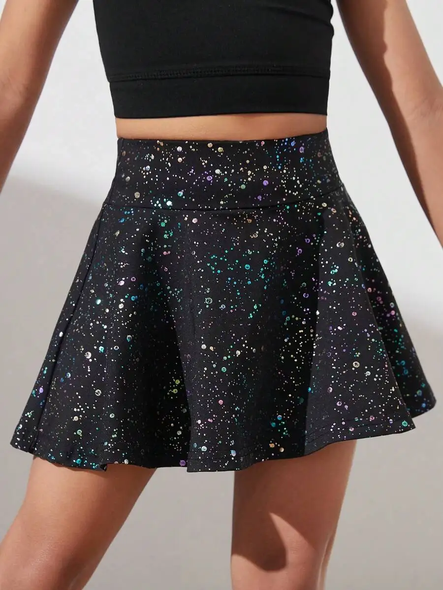 

Черная плиссированная мини-юбка с блестящим звездным принтом и эластичной талией для танцев и йоги