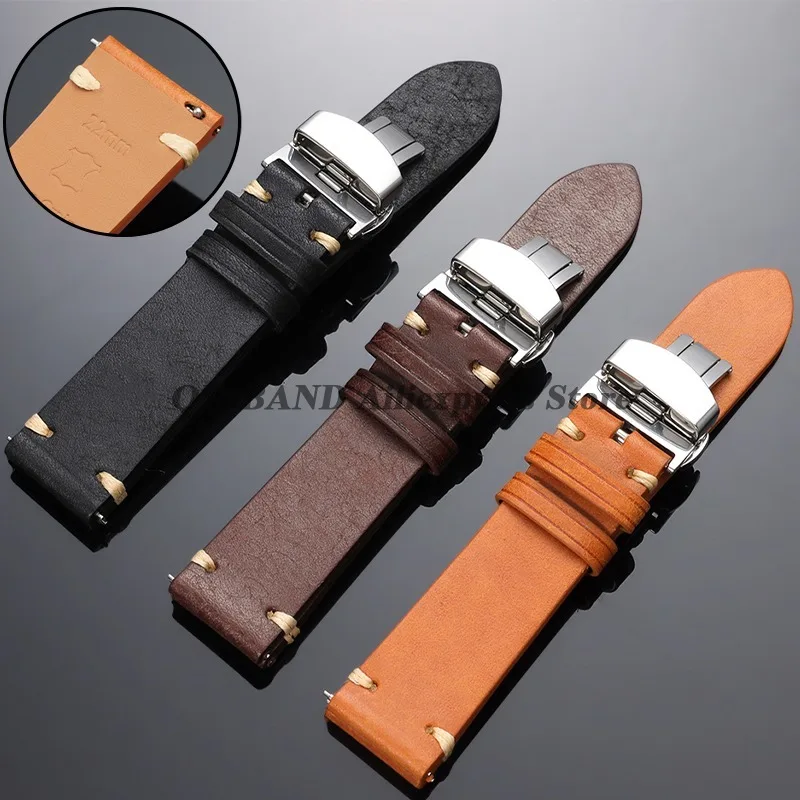 

Ремешок из натуральной воловьей кожи с быстросъемной застежкой-бабочкой, универсальный мужской браслет для часов 18 мм, 19 мм, 20 мм, 21 мм, 22 мм