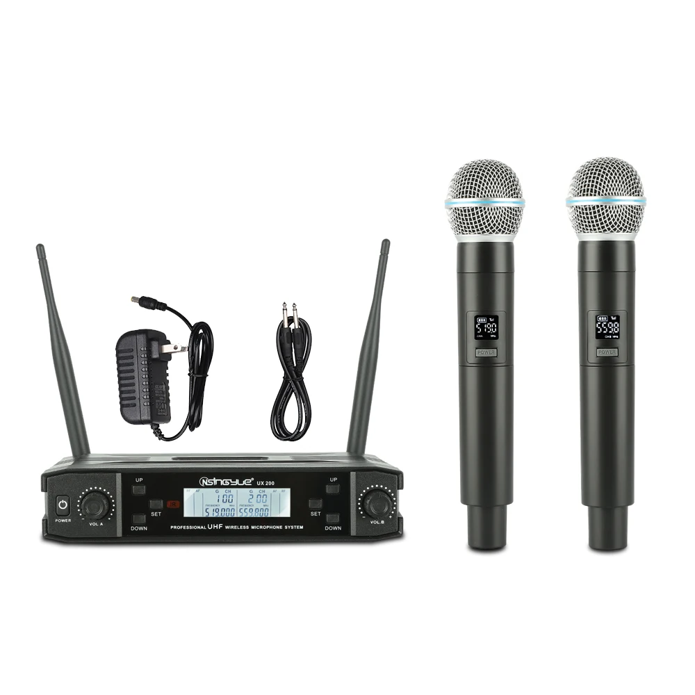 ميكروفون لاسلكي UHF المهنية ميكروفون ديناميكي ثنائي القناة لخطاب الزفاف الكنيسة تظهر حفلة المنزل Karaok ، UX-200