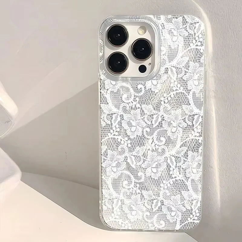 Vintage White Lace Floral Pattern Phone Case For Samsung Galaxy S26 S25 Ultra S24 S23 FE S22 S21 A55 A54 A16 Hard Bumper Cover
