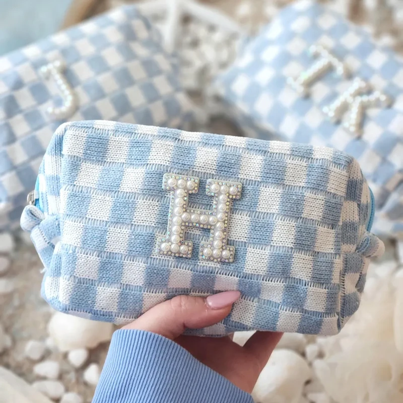 

Personalized Pearl Letter Blue Checkered Gift Pouch Custom Coastal Bachelorette Party Favors Makeup Bag Last Toast on The Coast