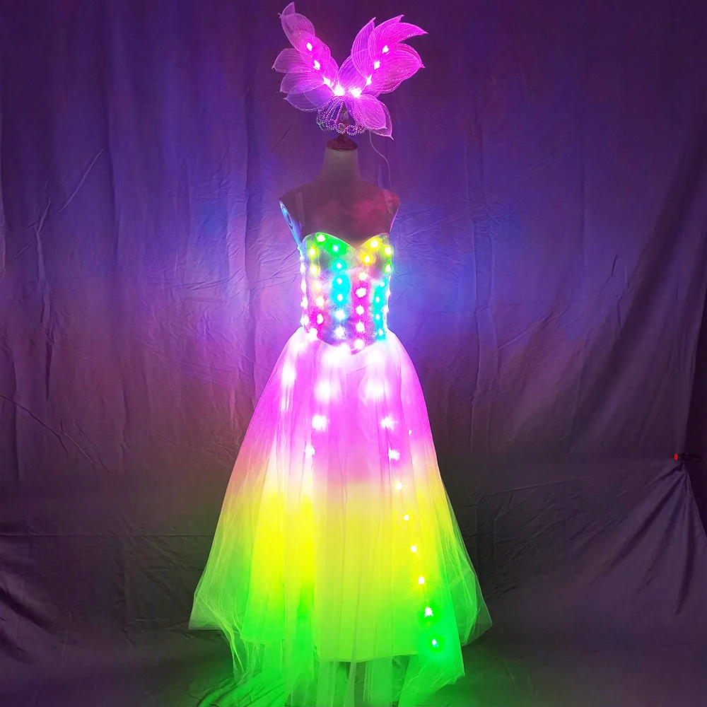 Full Color Pixel LED Skirt Dreamy luminous Wedding Dress Wings Bodysuit Women Singer Stage Costume Party Show Dancer Performance