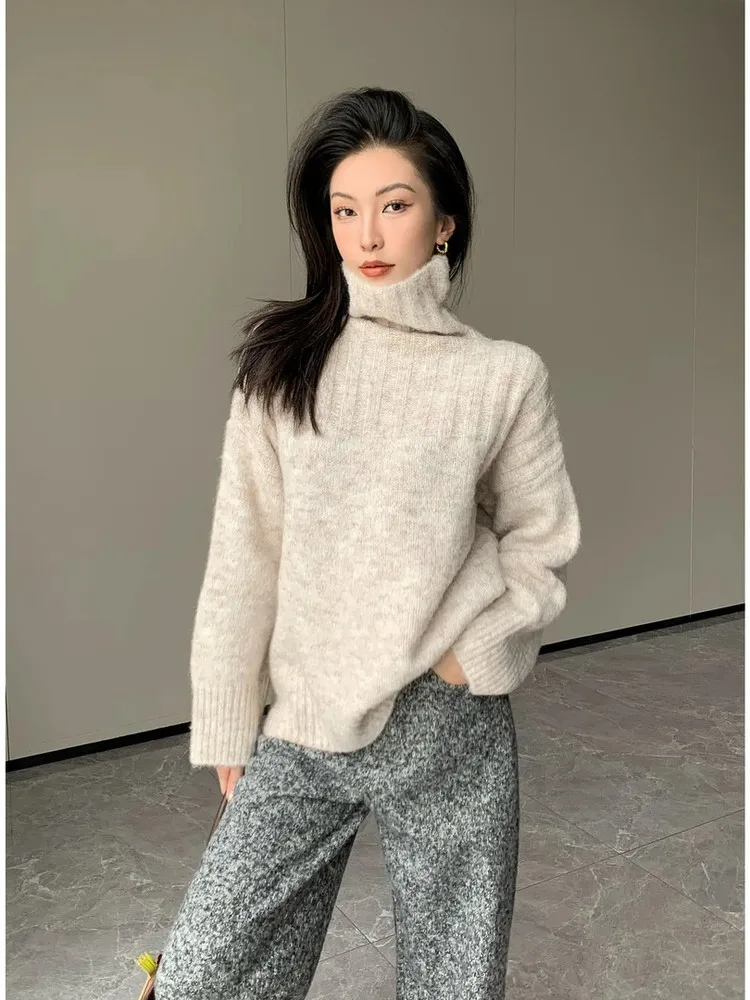 

Женский вязаный свитер Slimming Knitted для повседневной носки, корейский стиль, легкий люкс, осень-зима, с высоким воротником, длинными рукавами, стандартный крой, цветной