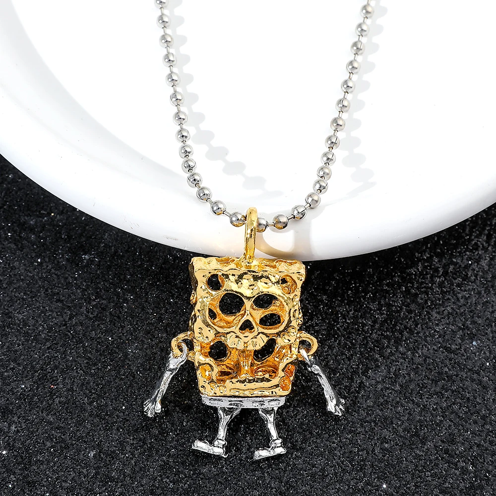 Cute SpongeBob SquarePants Skull Pendant Necklace Cartoon Personality Neck Chain Jewelry for Men Women Hip Hop Accessories