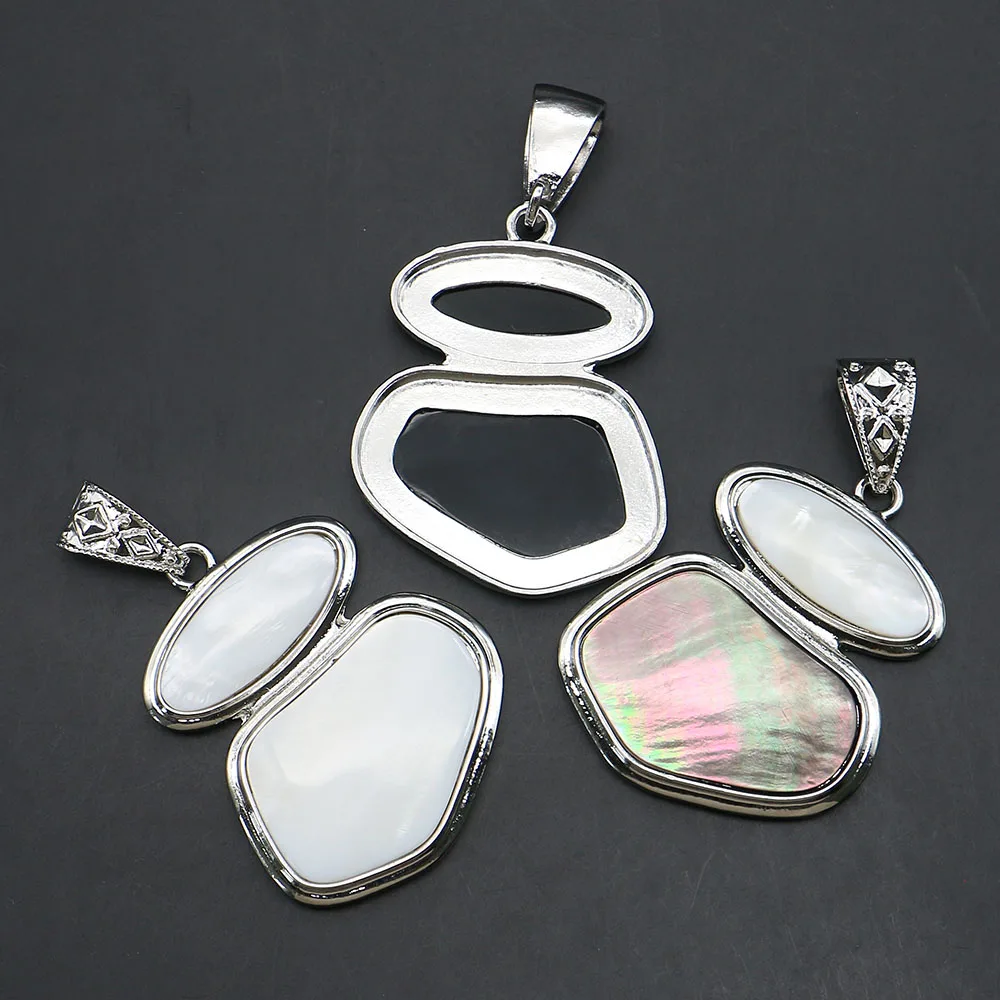 Geometric Natural White/black/abalone Shell Splicing Pendants With Silver-color Exquisite Melon Seed Clasp Jewelry Accessory 1pc