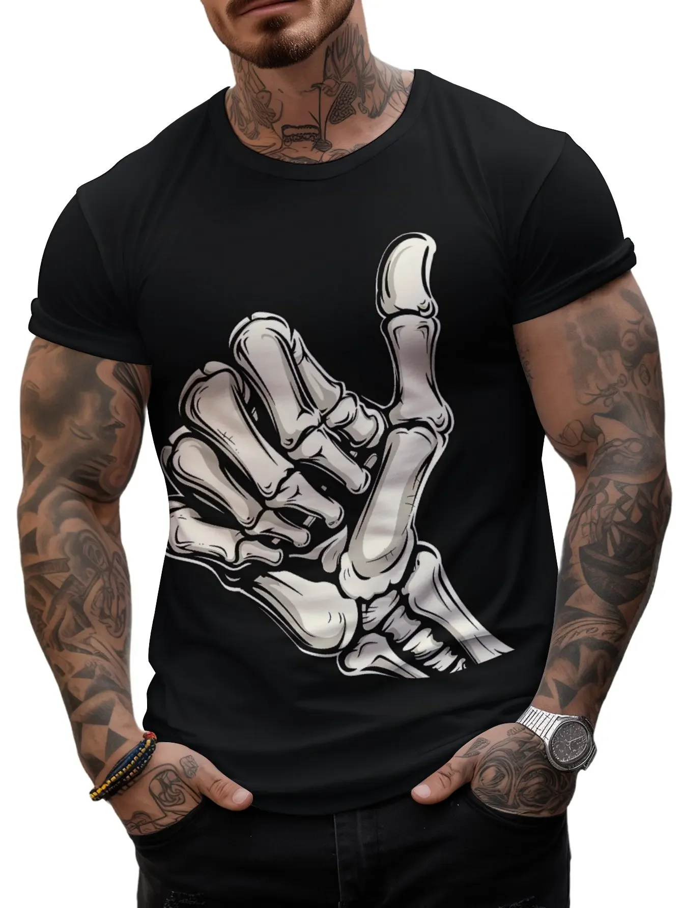 Hot Summer Men Fun Skeleton Thumb 3D Printed T-shirt Fashion Oversized Casual Crew Neck Top T-shirt